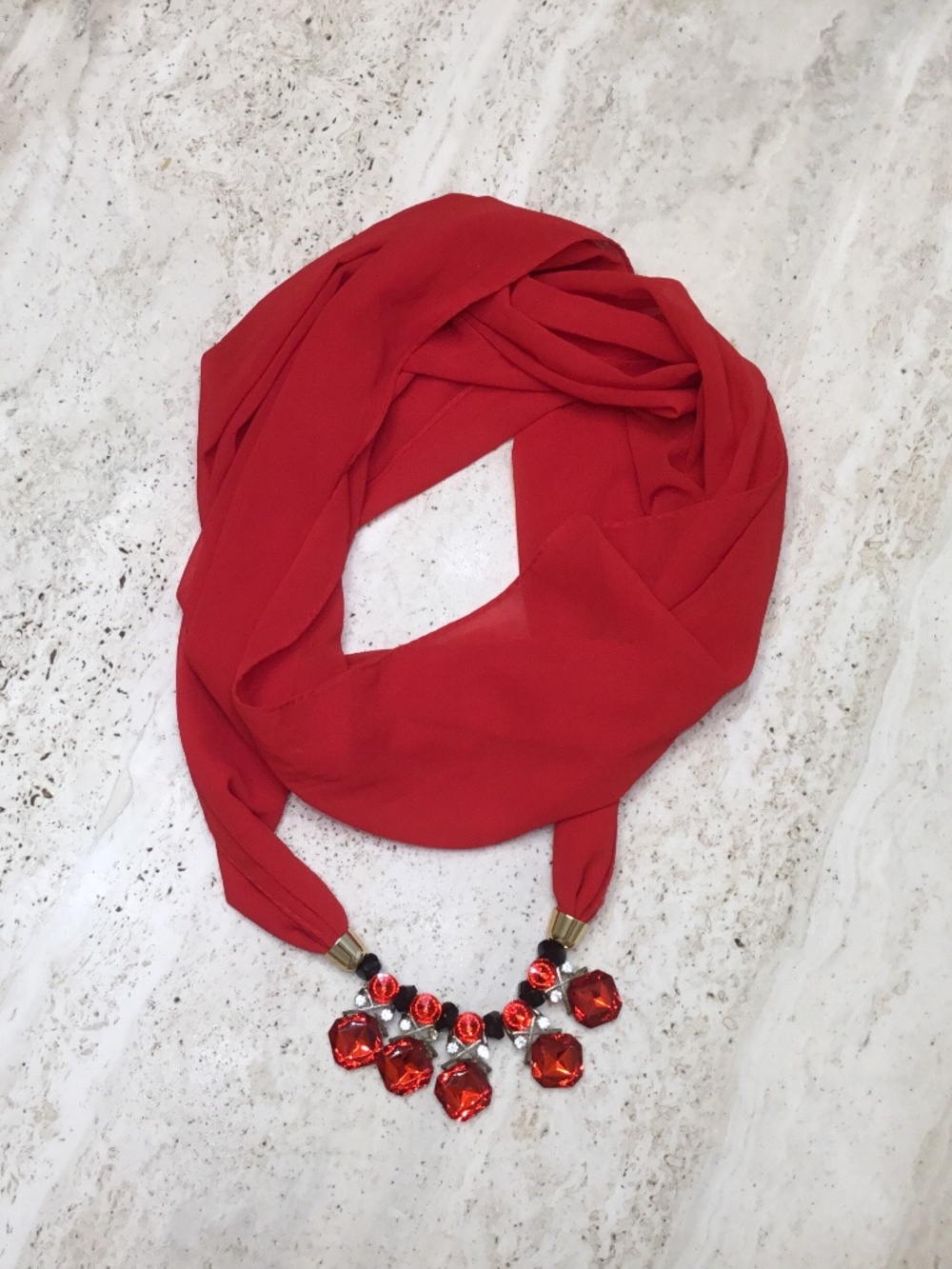 Ladies Necklace Scarf - Red Beads & Silver -Beautiful Infinity Scarf